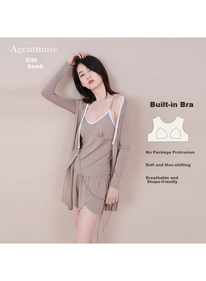 Agentmuse Modal Sleepwear For Women, Bra Cup Pads, Cooling Spaghetti Strap Vintage Shorts Set 659t, Light Mocha Color, Size S - Image 1