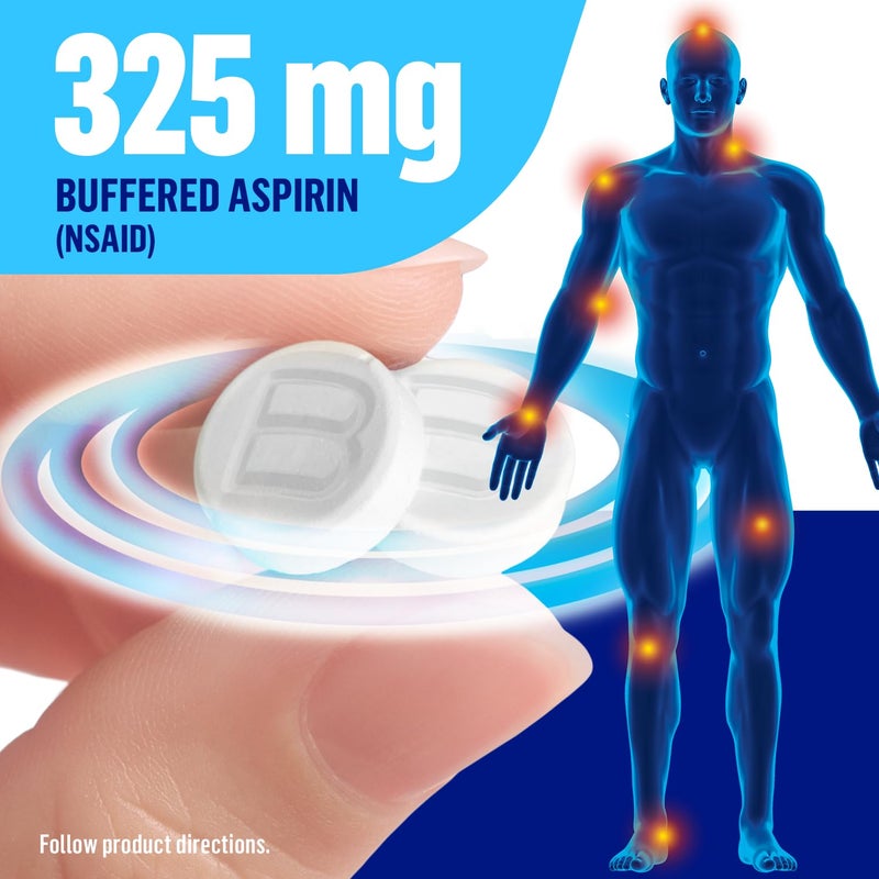 Bufferin Aspirin 325mg, Pain Reliever & Fever Reducer, with 3 Buffering Agents Relieves 7 Types of Pain: Headaches, Back Ache, Arthritis, Muscle Aches & More, for Adults, 130 Coated Tablets, 2-Pack - Image 4