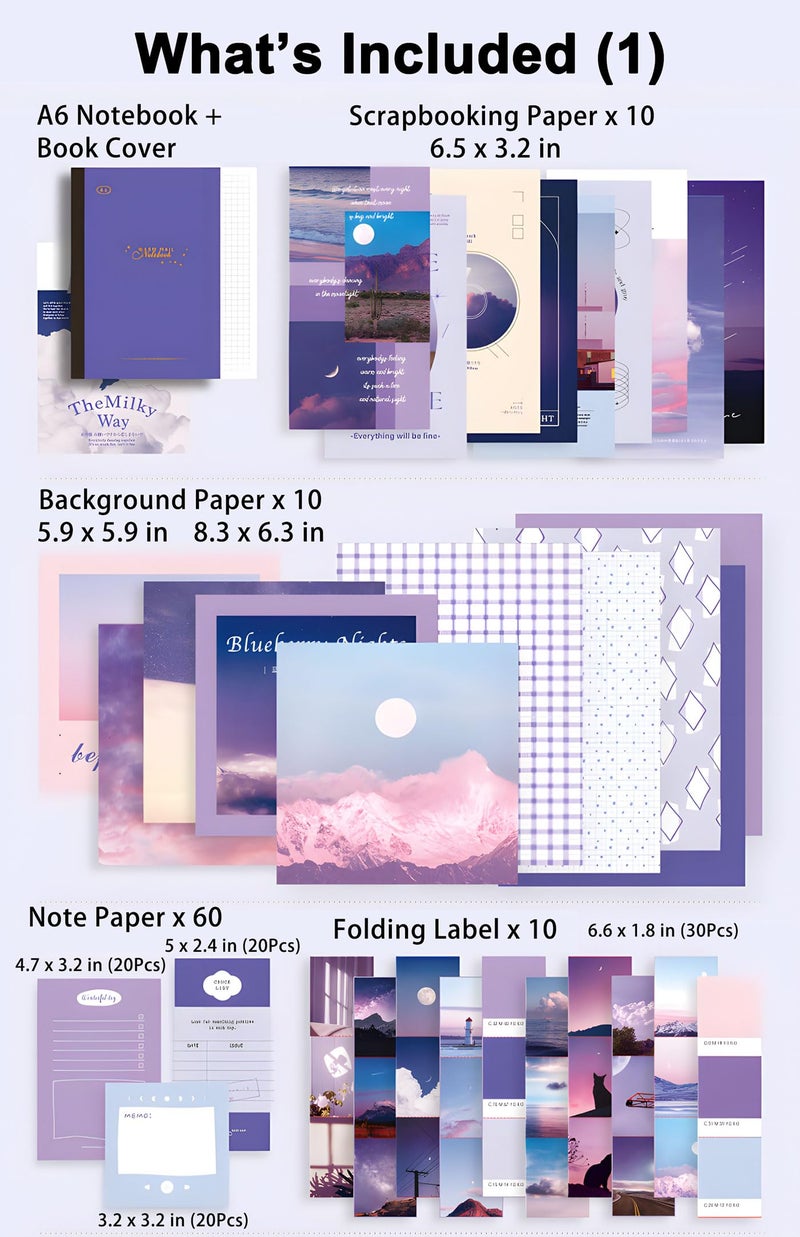 JOYCHOIC 348 Pcs Scrapbook Kit, Moonlight Junk Journal Supplies, Purple Journaling and Scrapbooking Materials, Large Aesthetic Collection for Women, Stationery DIY Arts Craft, Adults Daily - Image 3