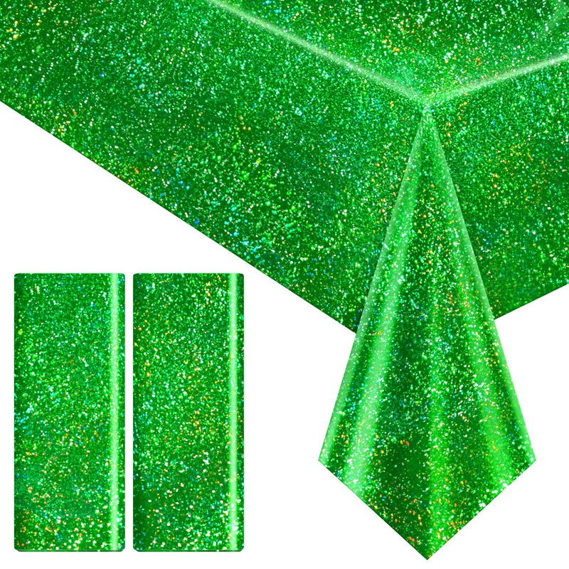 2 pcs Green Holographic Tablecloth 40 x 108 Christmas Table Cloth Shimmer Shining Plastic Metallic Table Cover for Jungle Safari St Patricks Day Baby Shower Birthday Party Decoration Supplies