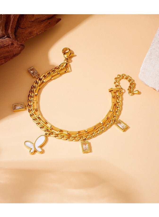 Rwnq Luxury & modern women's gold bracelet with 3 layered chains, adorned with a mother-of-pearl butterfly charm and four rectangular charms encrusted with sparkling white zircon – an elegant and eye-catching design, perfect for gifts and special occasions. Accessories Girls' bracelet_Women's accessories  - Image 2