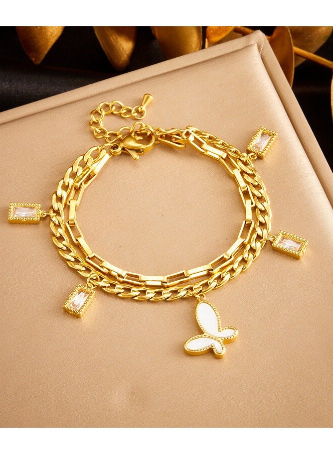 Rwnq Luxury & modern women's gold bracelet with 3 layered chains, adorned with a mother-of-pearl butterfly charm and four rectangular charms encrusted with sparkling white zircon – an elegant and eye-catching design, perfect for gifts and special occasions. Accessories Girls' bracelet_Women's accessories  - Image 3