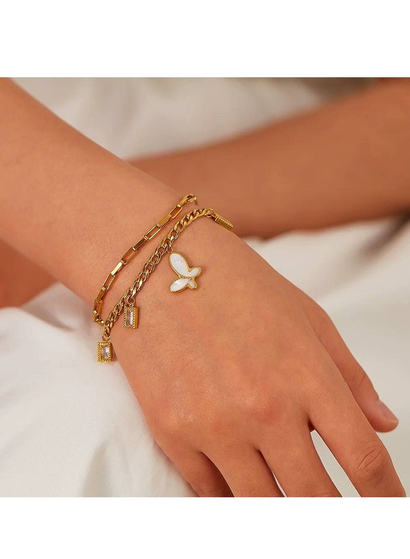 Rwnq Luxury & modern women's gold bracelet with 3 layered chains, adorned with a mother-of-pearl butterfly charm and four rectangular charms encrusted with sparkling white zircon – an elegant and eye-catching design, perfect for gifts and special occasions. Accessories Girls' bracelet_Women's accessories  - Image 4