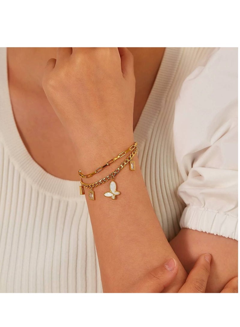Rwnq Luxury & modern women's gold bracelet with 3 layered chains, adorned with a mother-of-pearl butterfly charm and four rectangular charms encrusted with sparkling white zircon – an elegant and eye-catching design, perfect for gifts and special occasions. Accessories Girls' bracelet_Women's accessories  - Image 5