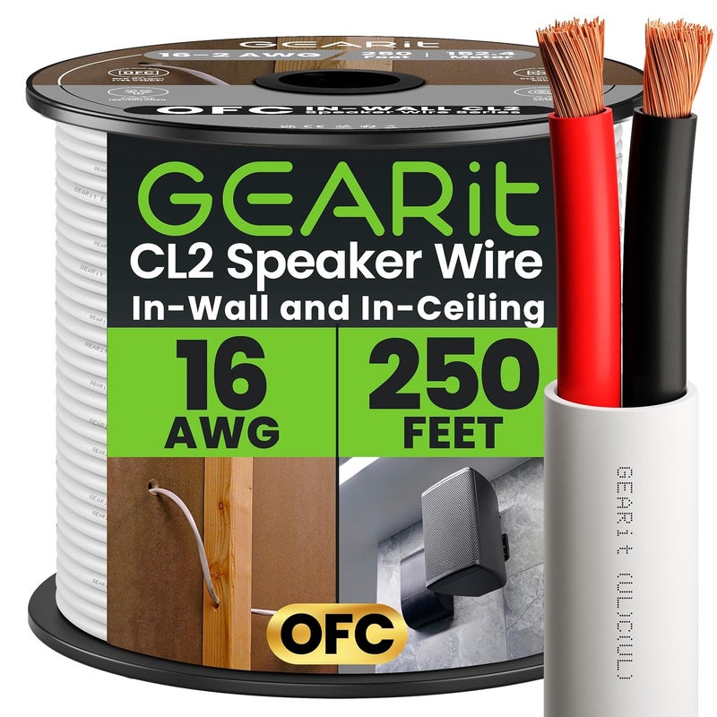 GearIT 16/2 Speaker Wire (250 Feet) 16AWG Gauge - in Wall Audio Speaker Wire Cable / CL2 Rated / 2 Conductors - OFC Oxygen-Free Copper, White 250ft - Image 1
