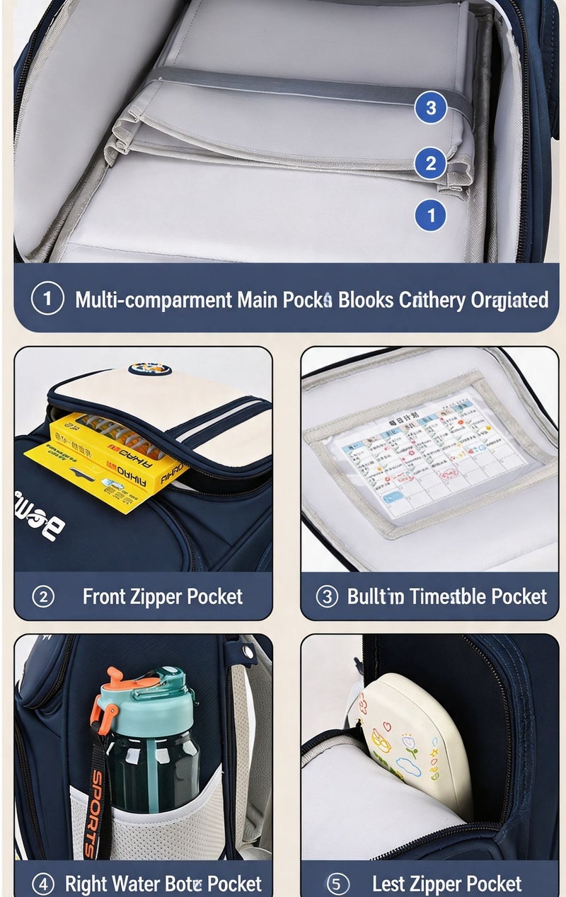 Ergonomic Kids School Backpack, Breathable Spine‑Protection Student Bookbag, Large Capacity Water‑Resistant Children Backpack with Reflective Strips for Primary School Boys Girls - Image 3