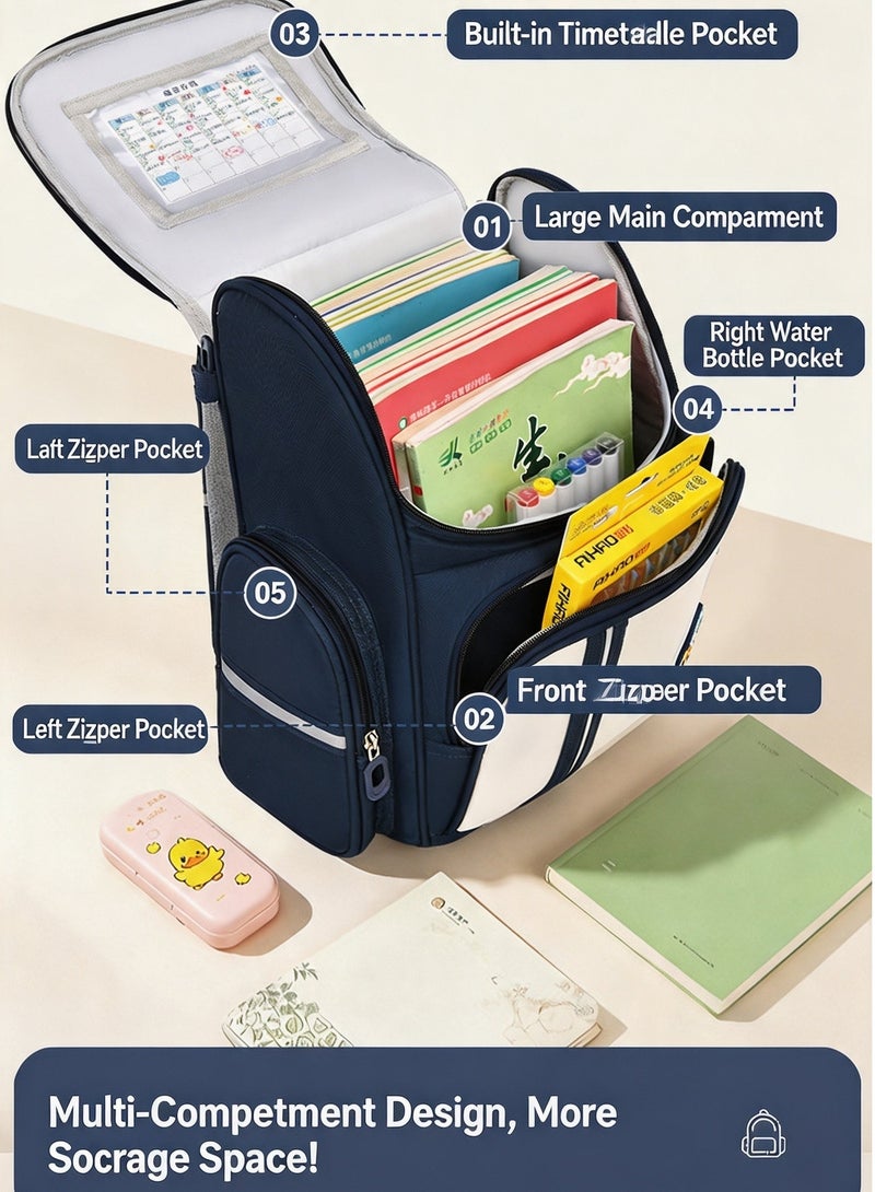 Ergonomic Kids School Backpack, Breathable Spine‑Protection Student Bookbag, Large Capacity Water‑Resistant Children Backpack with Reflective Strips for Primary School Boys Girls - Image 2