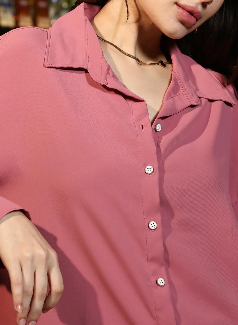 Pinacolada  Women's Flamingo Pink Solid Satin-Weave Oversized Shirt for Women | Best Price UAE