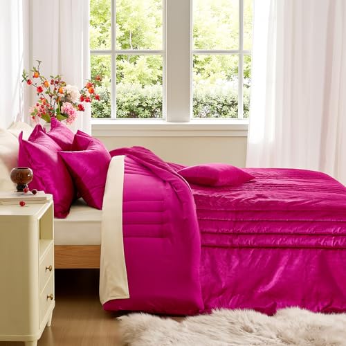 MUSSEL King Size Comforter Set Hot Pink 3 Pieces,Luxury Velvet Striped Bedding Comforter Sets,Elegant Lightweight Neutral Soft Fluffy King Comforter Sets for Bedroom - Image 4