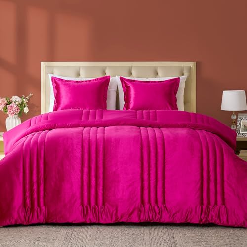 MUSSEL King Size Comforter Set Hot Pink 3 Pieces,Luxury Velvet Striped Bedding Comforter Sets,Elegant Lightweight Neutral Soft Fluffy King Comforter Sets for Bedroom - Image 1