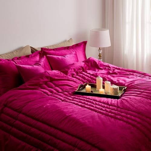 MUSSEL King Size Comforter Set Hot Pink 3 Pieces,Luxury Velvet Striped Bedding Comforter Sets,Elegant Lightweight Neutral Soft Fluffy King Comforter Sets for Bedroom - Image 3