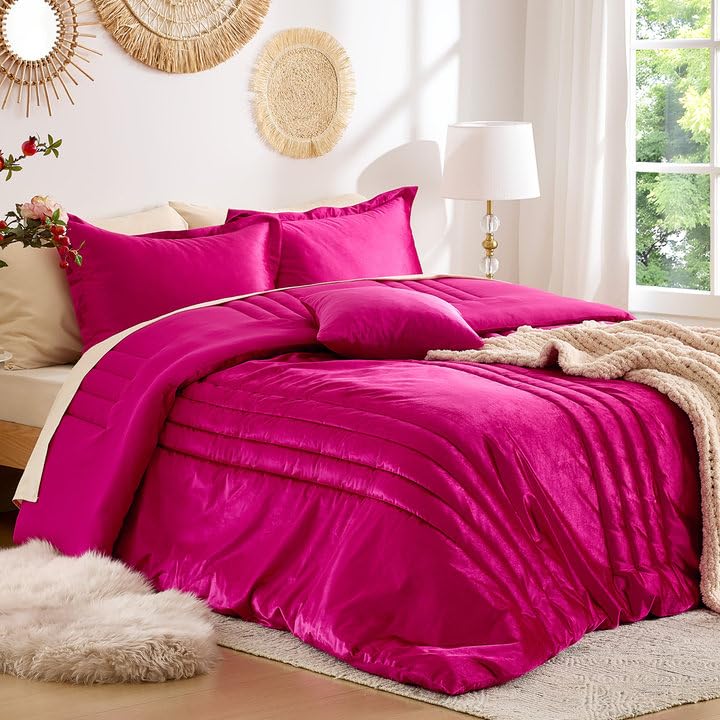 MUSSEL King Size Comforter Set Hot Pink 3 Pieces,Luxury Velvet Striped Bedding Comforter Sets,Elegant Lightweight Neutral Soft Fluffy King Comforter Sets for Bedroom - Image 2