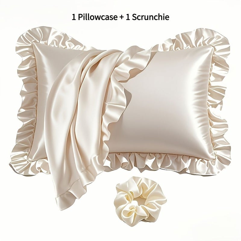 1 Black Ruffled Satin Pillowcase With Matching Hair Tie Standard 19.69 Inches By 25.98 Inches No Insert Elegant Minimalist Home Decor New Year Or Valentines Gift - Image 1