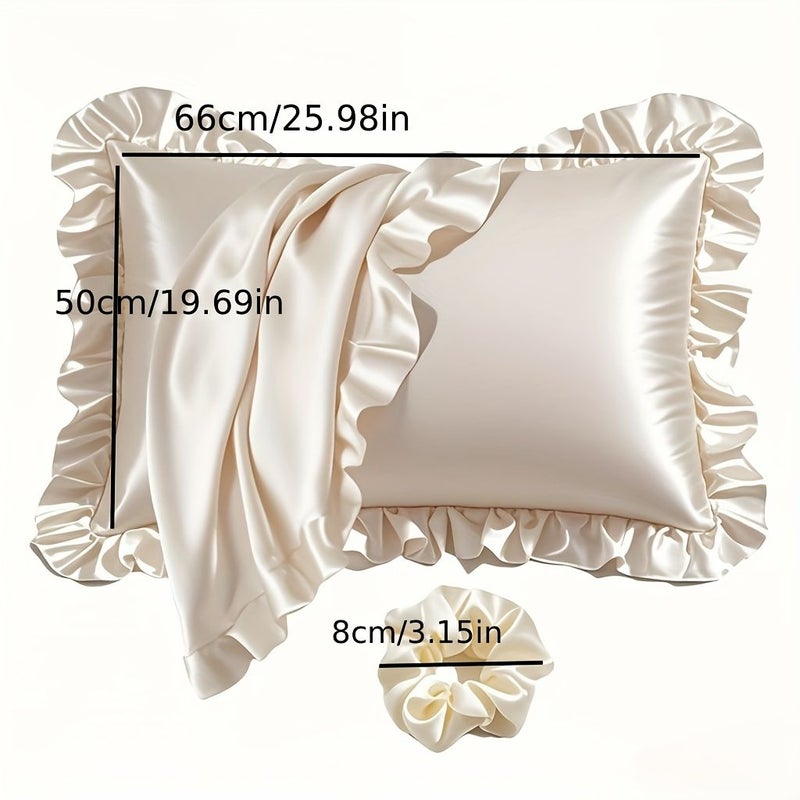 1 Black Ruffled Satin Pillowcase With Matching Hair Tie Standard 19.69 Inches By 25.98 Inches No Insert Elegant Minimalist Home Decor New Year Or Valentines Gift - Image 3