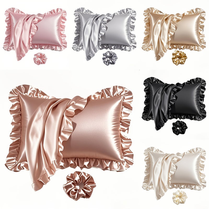 1 Black Ruffled Satin Pillowcase With Matching Hair Tie Standard 19.69 Inches By 25.98 Inches No Insert Elegant Minimalist Home Decor New Year Or Valentines Gift - Image 2