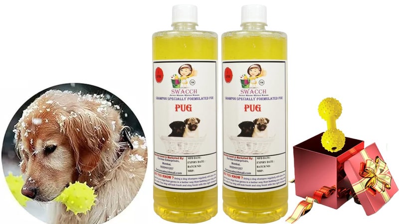 swacch Pug Dog Shampoo + Dumbbell Toy I Durable Rubber Dog Toy for Chewing I Playing,Teeth Cleaning & Training Toy I Combo Pack I 1 Litre Pack of 2 Lemon - Image 1