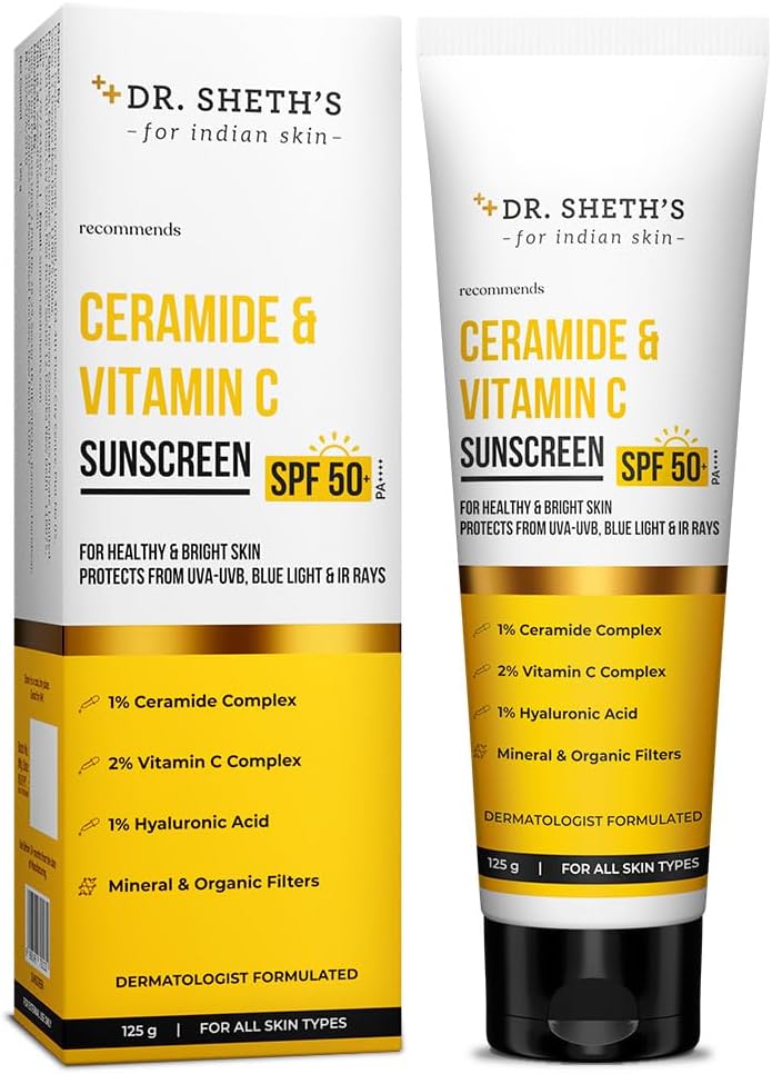Dr. Sheth's واقي الشمس من د. شيث مع السيراميد وفيتامين C SPF 50+ PA++++ - تركيبة غير لزجة وسريعة الامتصاص لبشرة صحية ومشرقة - Image 1