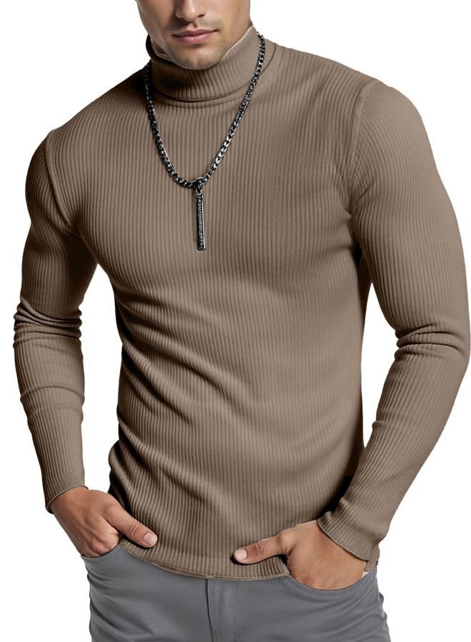 NY Threads Men's Ribbed Turtleneck Slim Fit Pullover Casual Long Sleeves Basic Top, Khaki, M - Image 1