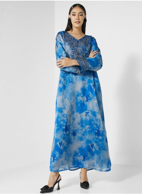 V-Neck  Printed Jalabiya
