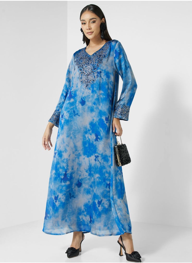 KASHKHA - V-Neck  Printed Jalabiya - Image 1