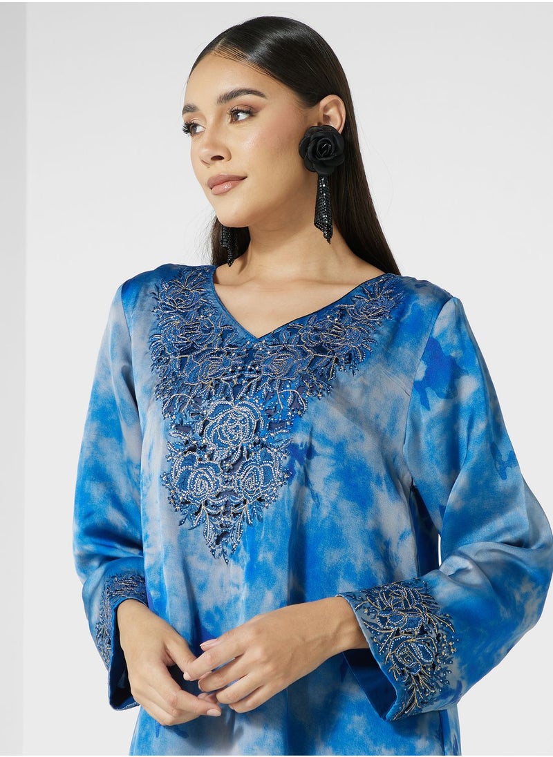 KASHKHA - V-Neck  Printed Jalabiya - Image 1