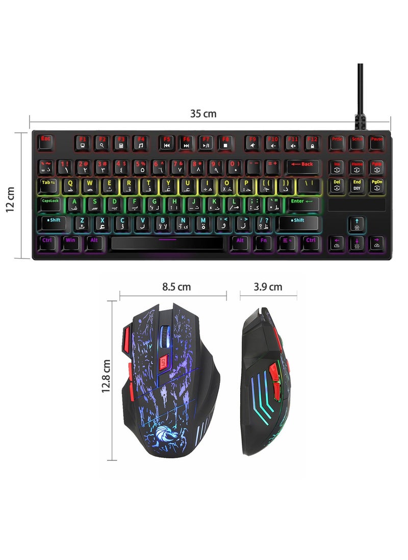 RGB English Arabic Gaming Keyboard and DPI Mouse Combo, 87 Keys Mechanical Keyboard with LED Backlit, Quick Response USB Wired Keyboard with 7 Colors Mouse for Windows/MacOS/Android PC Gamers