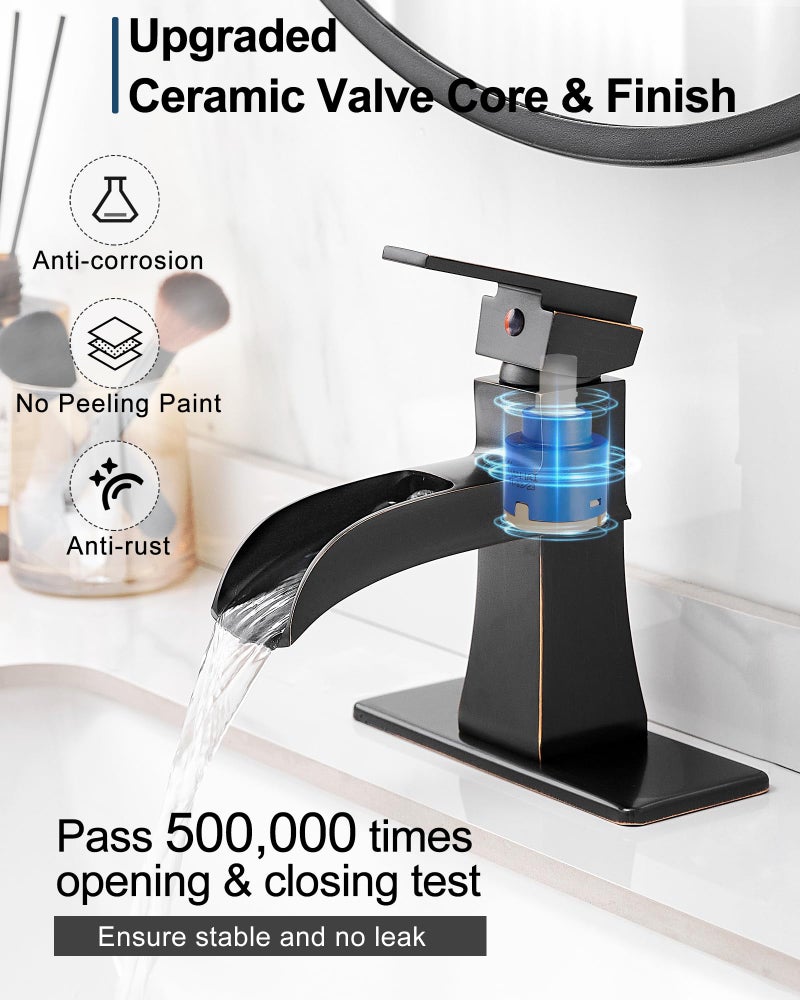 HOIGY Brass Bathroom Waterfall Faucet, Oil Rubbed Bronze Bathroom Faucet 1 Hole or 3 Holes (4 Inch), Single Handle with Deck Plate, Pop-Up Drain & Water Hoses for RV Vanity Farmhouse, 5 Mins Install - Image 4