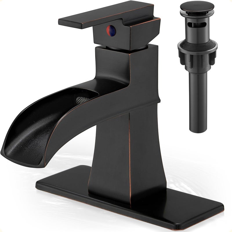 HOIGY Brass Bathroom Waterfall Faucet, Oil Rubbed Bronze Bathroom Faucet 1 Hole or 3 Holes (4 Inch), Single Handle with Deck Plate, Pop-Up Drain & Water Hoses for RV Vanity Farmhouse, 5 Mins Install - Image 1
