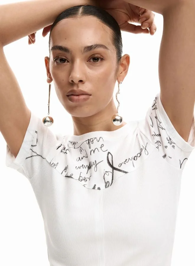 DESIGUAL White Rib Lettering T-Shirt for Women | Best Price UAE