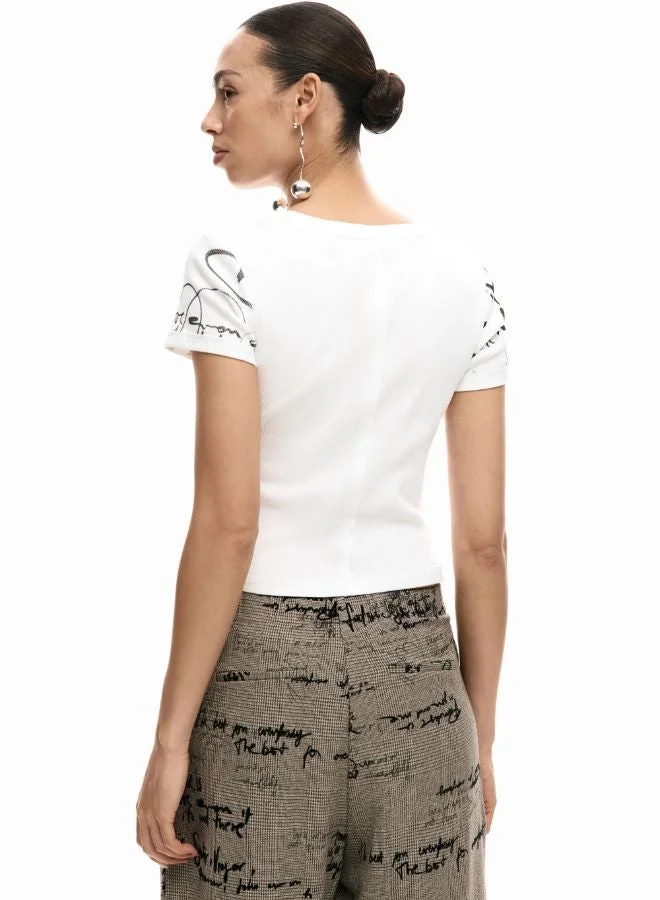 DESIGUAL White Rib Lettering T-Shirt for Women | Best Price UAE