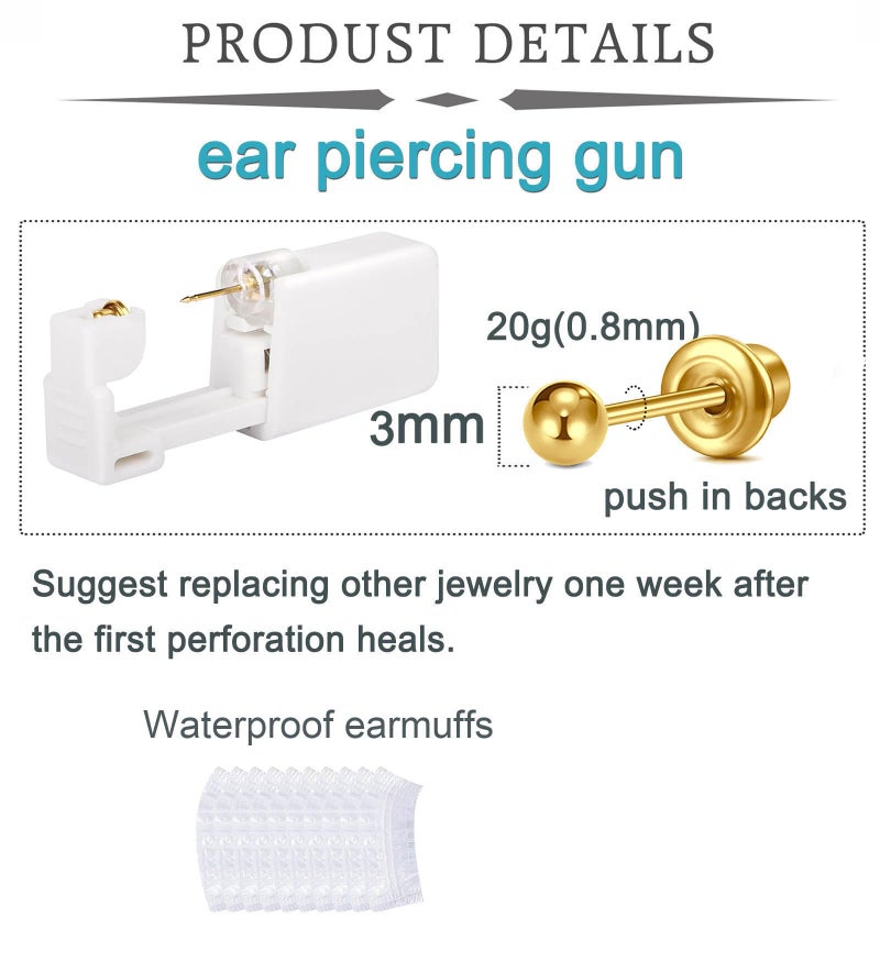 QWALIT Gold Earring Piercing Kit Ear Piercing Gun Disposable Ear Piercings Kit with Earrings Self Piercings Gun Kits at Home Piercer Tool Horseshoe Earring Hoop Double Gem Earrings Hoop Second Hole - Image 3