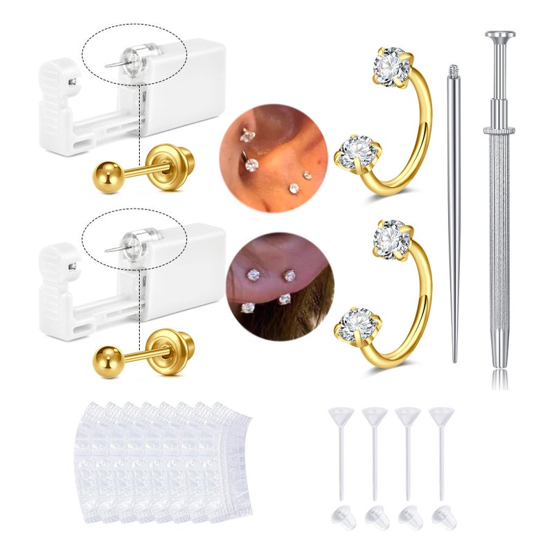QWALIT Gold Earring Piercing Kit Ear Piercing Gun Disposable Ear Piercings Kit with Earrings Self Piercings Gun Kits at Home Piercer Tool Horseshoe Earring Hoop Double Gem Earrings Hoop Second Hole - Image 1