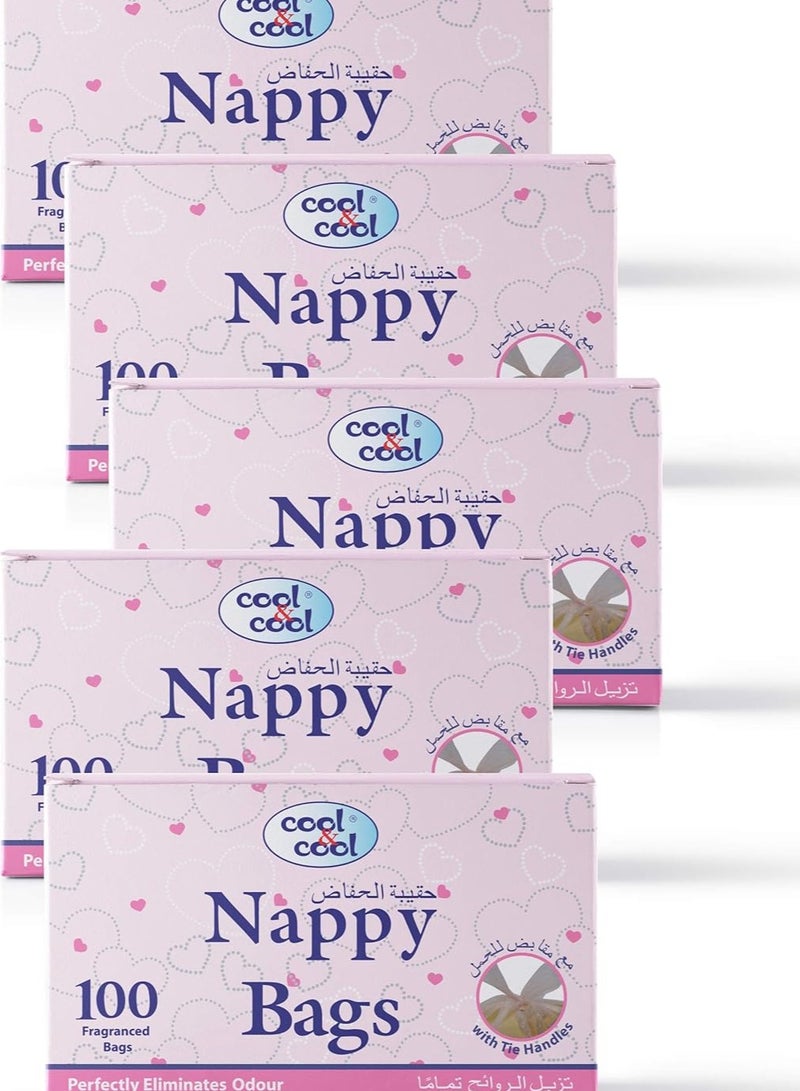 Cool & Cool Cool & Cool Nappy Bags 100's (Pack of 5) -Diaper Disposable Bags, Mildly Scented, Hygienic, Easy-Tie Handles & Eliminates Odour- 500 Pieces 