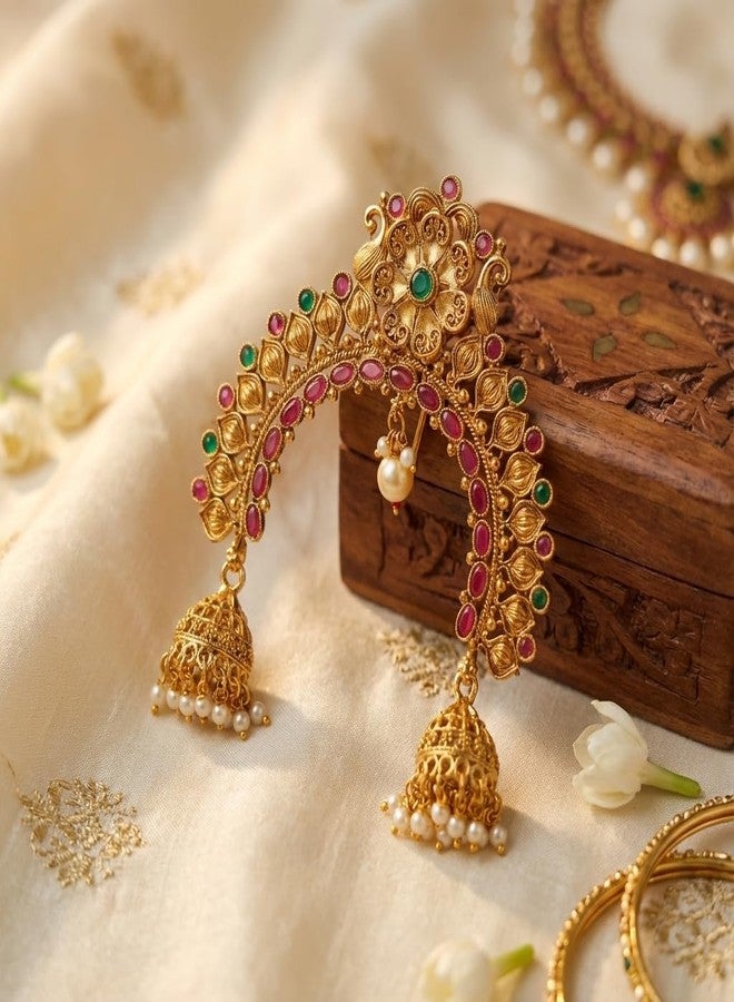 AAIKU Traditional Ethnic Gold Plated Juda Pins With Pearl Jhumki Drops | Bridal Mukut Hair Accessories | Standard Size for Women Girls (Khopa-Design2) - Image 4