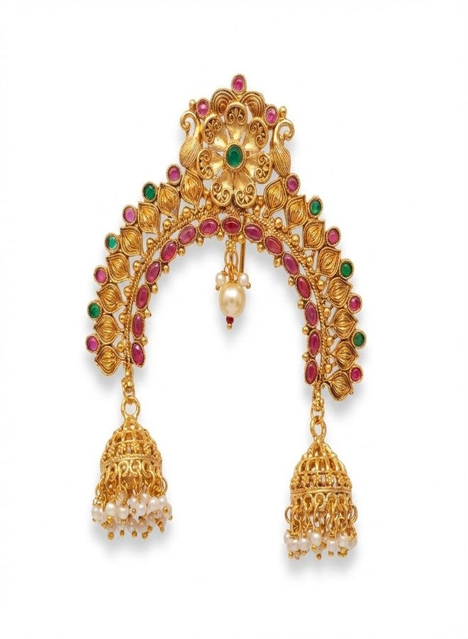 AAIKU Traditional Ethnic Gold Plated Juda Pins With Pearl Jhumki Drops | Bridal Mukut Hair Accessories | Standard Size for Women Girls (Khopa-Design2) - Image 1