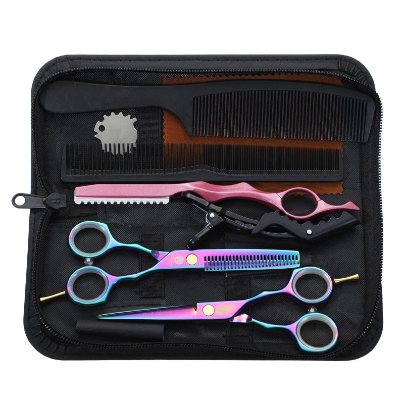 Purple Dragon 5.5 inch Hair Cutting Scissors Set with Razor, Leather Scissors Case, Barber Hair Cutting Shears Hair Thinning/Texturizing Shears for Professional Hairdresser or Home Use (Multi-colored) - Image 1