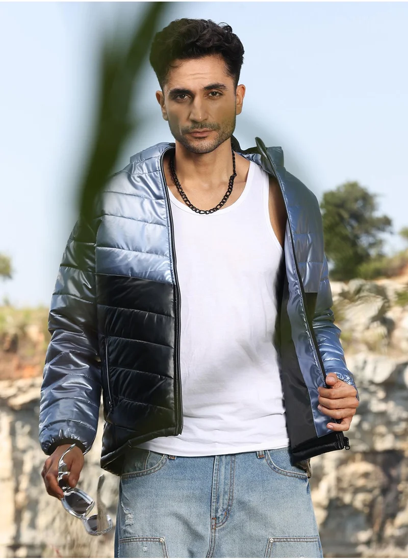 Campus Sutra Men's Electric Blue & Carbon Black Metallic Quilted Puffer Jacket