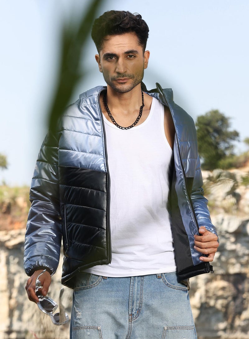 كامبوس سوترا Men's Electric Blue & Carbon Black Metallic Quilted Puffer Jacket  - Image 2