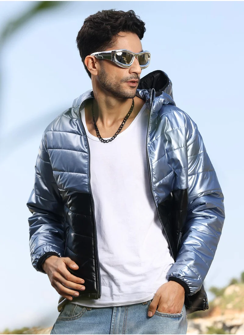 Campus Sutra Men's Electric Blue & Carbon Black Metallic Quilted Puffer Jacket