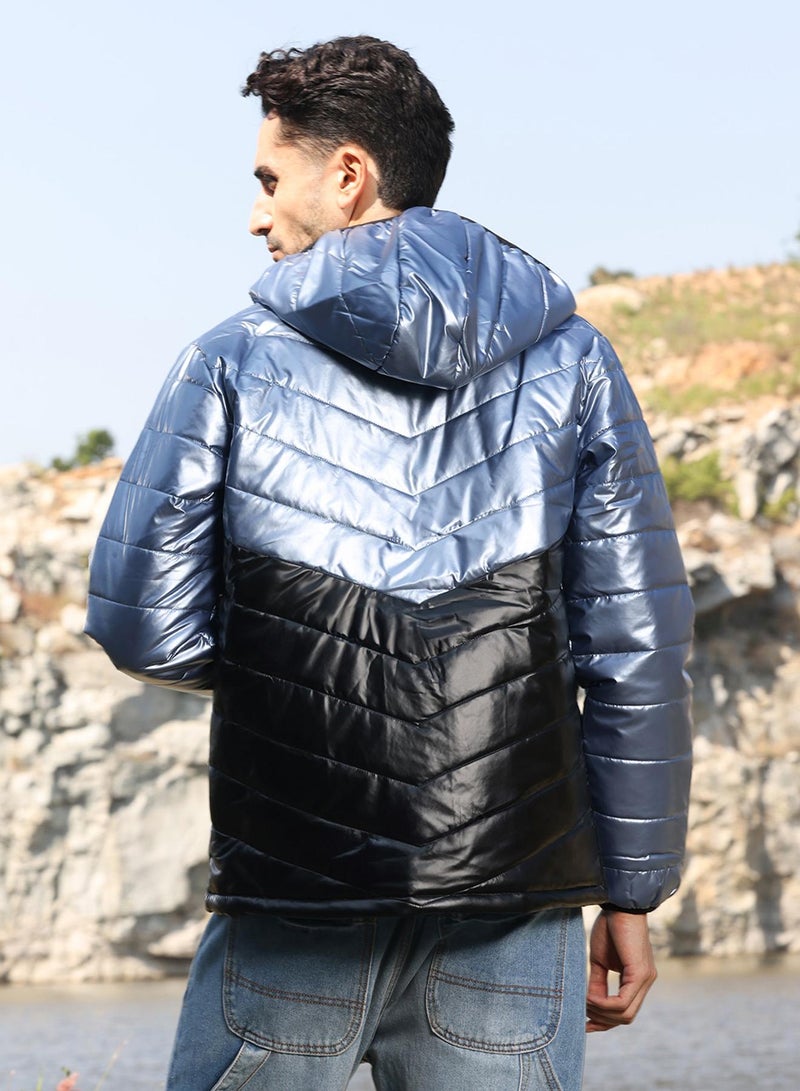 كامبوس سوترا Men's Electric Blue & Carbon Black Metallic Quilted Puffer Jacket  - Image 5