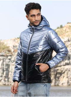 Campus Sutra Men's Electric Blue & Carbon Black Metallic Quilted Puffer Jacket  - Image 3
