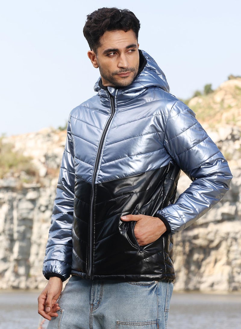 كامبوس سوترا Men's Electric Blue & Carbon Black Metallic Quilted Puffer Jacket  - Image 3