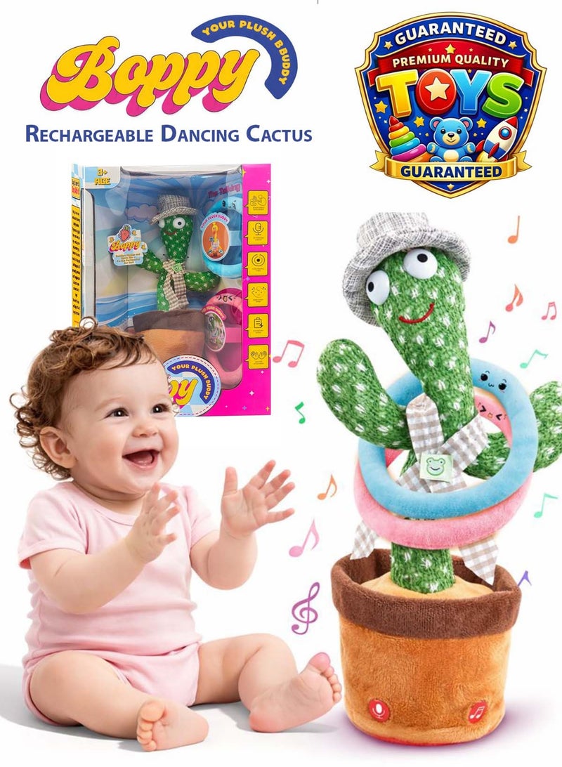 boppy Premium Talking Dancing Cactus Plush Toy with Rings Music Swing Voice Recording & Repeating Cactus Singing, Twisting & LED Light Interactive Toy Rechargeable USB Musical Plush for Kids & Toddlers Children Ages 3+ Movement & Soft Play Rings Baby Educational Learning Toy & Gift for Boys and Girls - Image 1