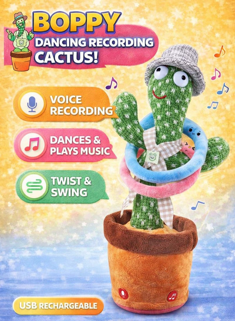 boppy Premium Talking Dancing Cactus Plush Toy with Rings Music Swing Voice Recording & Repeating Cactus Singing, Twisting & LED Light Interactive Toy Rechargeable USB Musical Plush for Kids & Toddlers Children Ages 3+ Movement & Soft Play Rings Baby Educational Learning Toy & Gift for Boys and Girls - Image 2