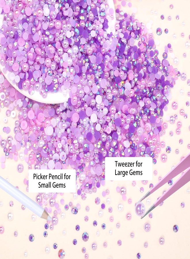 Uotey 12000 Pcs Purple White Flatback Pearls and Rhinestones for Crafting, 3-5 mm Jelly Resin Rhinestones, Mixed Size Half Pearl Bedazzling Gems for Nail DIY Crafts Mugs Bottles Tumblers Clothes Makeup - Image 3