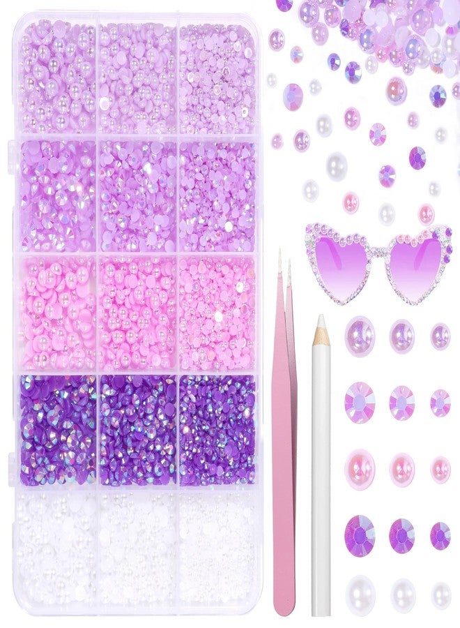 Uotey 12000 Pcs Purple White Flatback Pearls and Rhinestones for Crafting, 3-5 mm Jelly Resin Rhinestones, Mixed Size Half Pearl Bedazzling Gems for Nail DIY Crafts Mugs Bottles Tumblers Clothes Makeup - Image 1