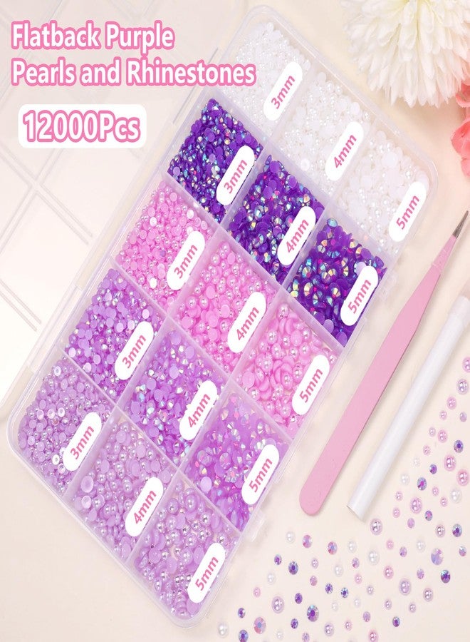 Uotey 12000 Pcs Purple White Flatback Pearls and Rhinestones for Crafting, 3-5 mm Jelly Resin Rhinestones, Mixed Size Half Pearl Bedazzling Gems for Nail DIY Crafts Mugs Bottles Tumblers Clothes Makeup - Image 2