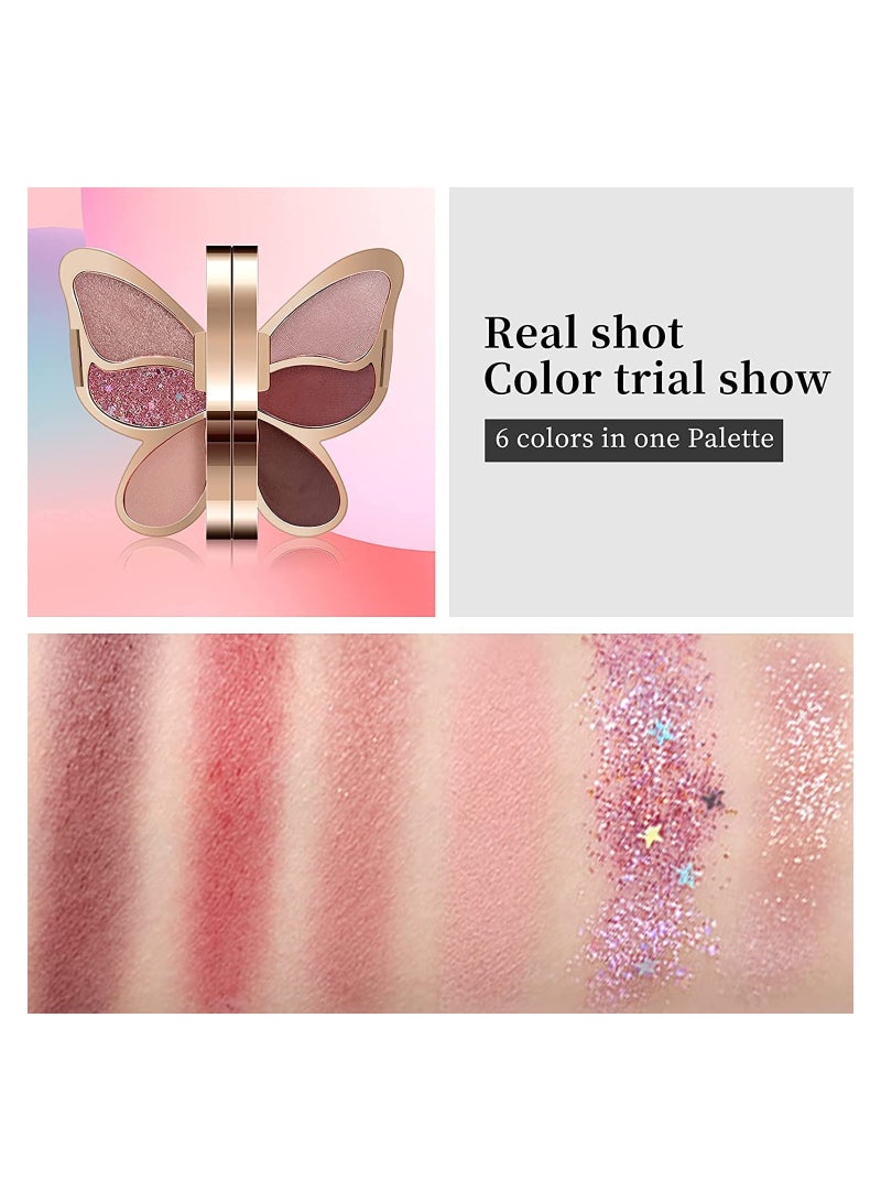 SYOSI لوحة ظلال العيون بتصميم الفراشة 6 ألوان غير لامعة لامعة معدنية مكياج عيون طبيعي المظهر قابل للمزج طويل الأمد مقاوم للماء لوحة ظلال عيون لامعة غير لامعة مكياج للمبتدئين (بنفسجي) - Image 2