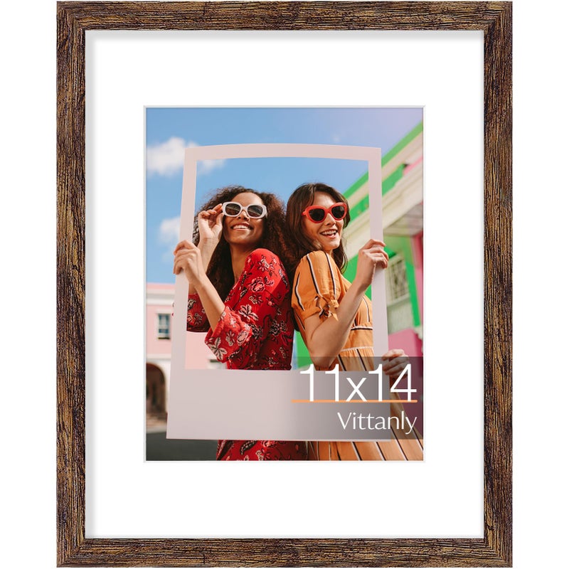 Vittanly إطار صور فيتانلي مقاس 11×14 بوصة، لعرض صور مقاس 8×10 بوصة مع إطار داخلي أو 11×14 بوصة بدون إطار داخلي، إطار صور للعرض على الحائط أو الطاولة، بني ريفي، عبوة واحدة - Image 1