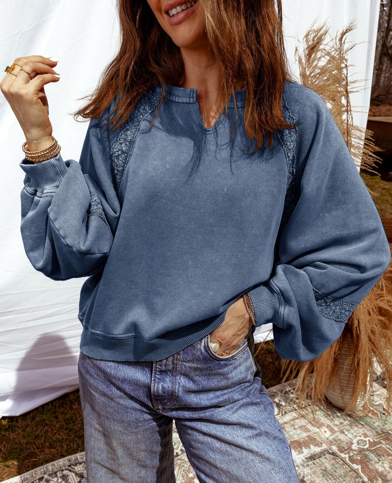 SELINK Womens Cropped Sweatshirts Lace Crochet Vintage Long Sleeve Tops Cute Notch Neck Pullover Fall Outfits Blue-L - Image 3